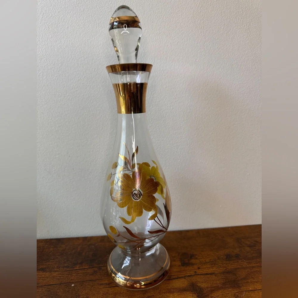 Vtg Mid-Century Romanian Glass Decanter Set - 6 Cordial Glasses - Hand Painted